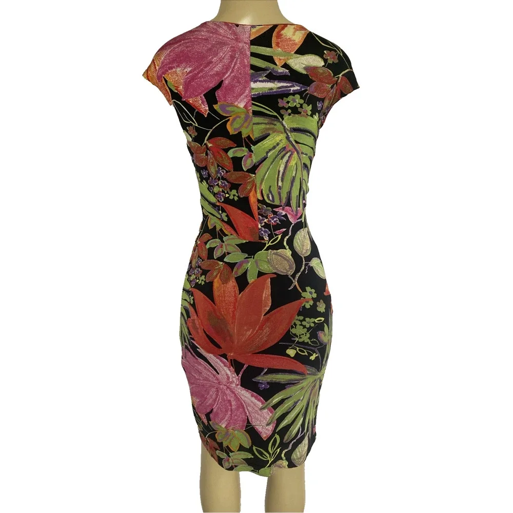 Cache Dress Sheath Cap Sleeve Floral V Neck Ruched 4 S Knee Length Stretch - Picture 4 of 8